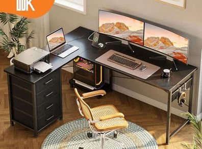 Corner Desk with Drawers, Reversible L Shaped with USB Charging Port