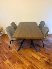 Smoked Oak Dining Table & Grey Chairs with Black and Gold legs
