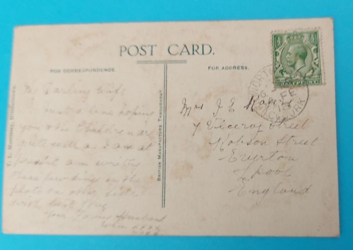World War 1 IRISH Postcard Sent From Cork to Liverpool 4/2/1918