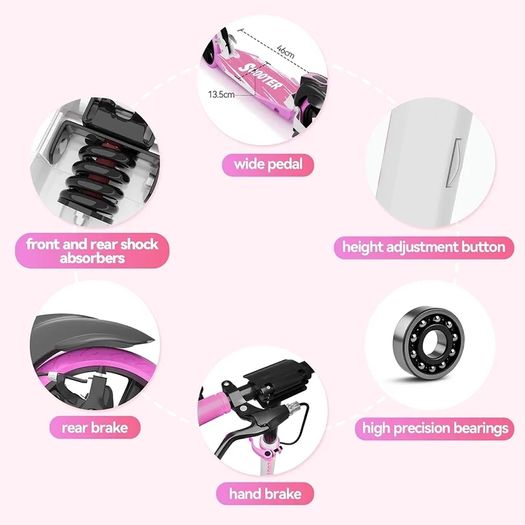 Scooter with Disc Brake & Dual Shock Absorbers, 200mm PU Wheels ABEC-7 Bearings, Foldable Scooter for Teenagers and adults, Non-Slip Deck - Pink/White/Blue