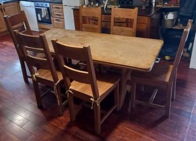 Solid Oak Table with six handmade solid oak chairs. Length 179cm Width 84cm.