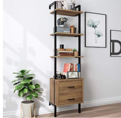 BRAND NEW Industrial 4Tier Ladder Shelf Bookshelf Wall Mounted Storage Rack &Fabric Drawer