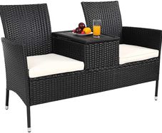 Poly Rattan Garden Bench Weatherproof 2-Seater with Table Storage Space 7 cm Cushion Bench Garden Sofa Cinema Bench Garden Furniture