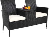main image for ad Poly Rattan Garden Bench Weatherproof 2-Seater with Table Storage Space 7 cm Cushion Bench Garden Sofa Cinema Bench Garden Furniture