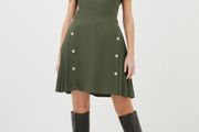 New with Tags Karen Millen Tailored Military Pleated Dress Khaki