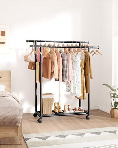 Double Rod Clothing Rack with Shelf & Wheels, 98x42x150cm, Black