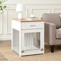 Dog Crate for Small Dog, Furniture Style Dog Crate with Lockable Door, Wooden Dog Cage with Flip-Up Door and Drawer, Indoor Puppy Kennel End Side Table, Decorative Puppy House, White