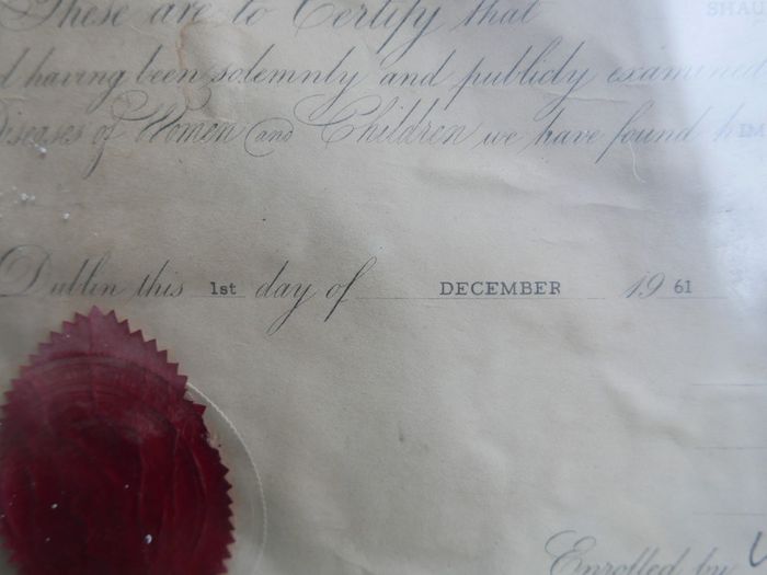 Vintage Diploma by the Midwifery Court of Examiners of the Royal College of Surgeons in Ireland 1961