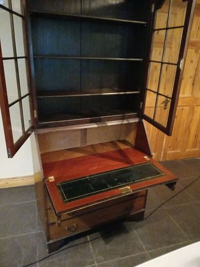 Antique 4 drawer wooden/glass cabinet with desk. OPEN TO OFFERS
