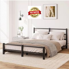 16cm Low Profile King Bed Frame with Headboard, 5ft Metal Sturdy Steel Slat Support, Noise-Free 150x200cm Platform Mattress Base, No Box Spring Needed, Black