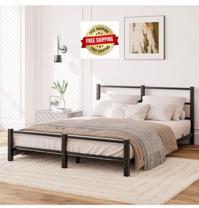 16cm Low Profile King Bed Frame with Headboard, 5ft Metal Sturdy Steel Slat Support, Noise-Free 150x200cm Platform Mattress Base, No Box Spring Needed, Black