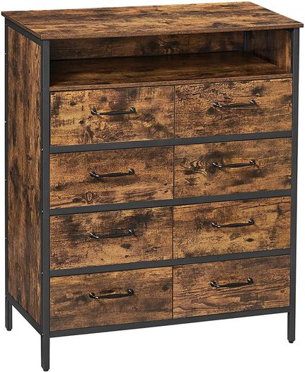 _Chest of Drawers, Sideboard, Cabinet with 8 Drawers, Open Compartment, Non-Woven Fabric Drawers with MDF Front, Steel Frame, Vintage Brown/Black