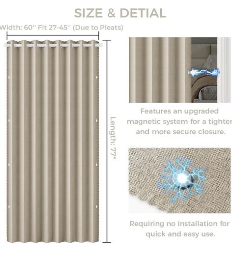 Temporary Door Curtain & Room Divider with Rod Linen Look, Folding Accordion Door Cover, with Magnetic Closures,W 60" x L77",Temporary Door