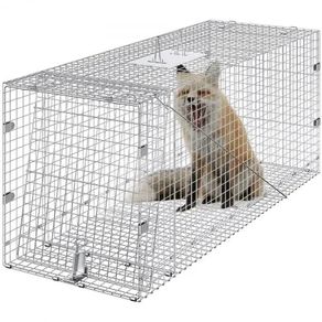 Live Animal Cage Trap, 50" x 20" x 26" Humane Cat Trap Galvanized Iron, Folding Animal Trap with Handle for Stray Dogs, Armadillos