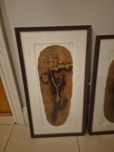 Beautiful pair of mid century style abstract paintings,African/tribal motif,skibbreen framed