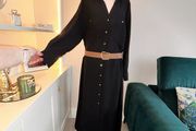 Brand New Ladies Black Shirt Dress with Gold Buttons and Brown Belt. Size UK 24 / EU 52