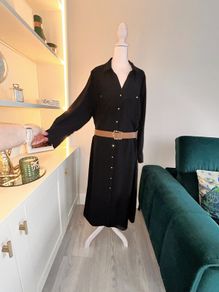 Brand New Ladies Black Shirt Dress with Gold Buttons and Brown Belt. Size UK 24 / EU 52