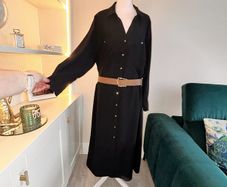 Brand New Ladies Black Shirt Dress with Gold Buttons and Brown Belt. Size UK 24 / EU 52
