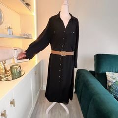 Brand New Ladies Black Shirt Dress with Gold Buttons and Brown Belt. Size UK 24 / EU 52