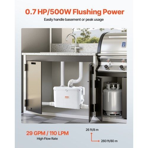 Macerator Pump, 500W, 110 L/min(29 GPM) Flow, 26 ft/8 m Head, Macerator Sewerage Toilet Pump with 4 Water Inlets, Waste Water Disposal Upflush Machine