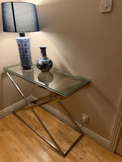 Chrome & Glass Console Table. X Frame Design