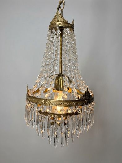 Vintage French Brass & Glass Cascading Chandelier