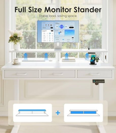 Electric Standing Desk, 120 x 54cm Height Adjustable Desk with 3 Drawers, RGB LED Strip & Charging Station for Home Office Computer Workstation, Computer Table with Monitor Stand, White