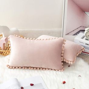 Pack of 2 Velvet Cushion Covers Soft Square with Pompoms Decorative Throw Pillowcases Home for Livingroom Sofa Bedroom 12 x 20 Inch 30x 50 cm Pink
