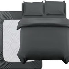 Oxford Homeware Double Duvet Set Charcoal Brushed Microfiber 4 Piece with Fitted Sheet - Brand New