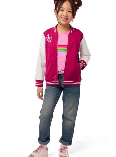 American Girl Star Squad berry coloured Varsity Jacket with white faux-leather sleeves Size M EUC