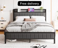 5ft King Size Bed Frame with Storage Upholstered Headboard Shelf