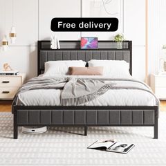 5ft King Size Bed Frame with Storage Upholstered Headboard Shelf