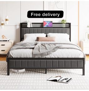 5ft King Size Bed Frame with Storage Upholstered Headboard Shelf
