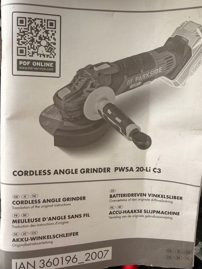 Parkside PWSA 20-Li C3 20V Cordless Angle Grinder + Charger (No Battery)