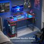 Gaming Desk with LED Lights Power Outlets Reversible Computer Storage Shelves Dual Monitor Stands for Home Office Study 100x50cm Carbon Fiber Black Image 3