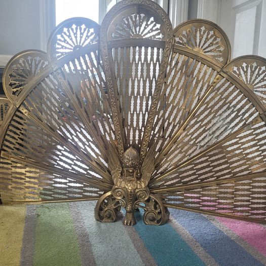 Vintage Art Deco Brass Peacock Fan Fireplace Screen