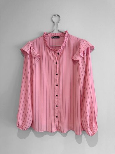 Pre Owned Dunnes Stores Pink Striped Ruffle Blouse