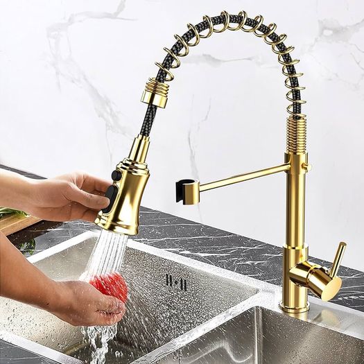 NEW SALE | Kitchen Tap, Kitchen Sink Mixer Tap with 360 Degree Swivel Pull Down Sprayer Commercial Kitchen Taps Single Handle Mixer Tap Cold and Hot 3-Modes Spray with Standard Fittings Gold