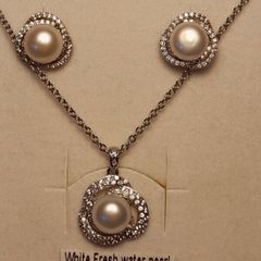 Bargain.Sterling Silver Cultured Pearl and Natural Zircon Pendant and Earrings Set