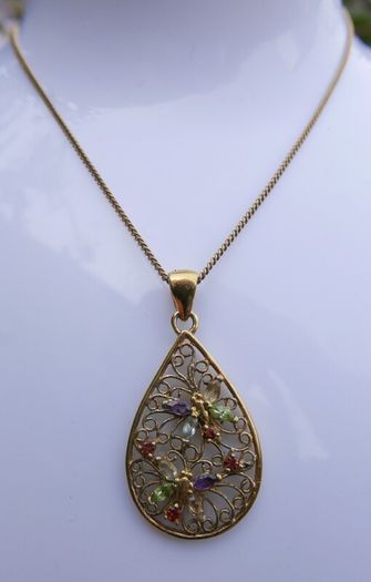 Vintage 18K Gold Plated Sterling Silver 925, Butterflies Crystal Oval Pendant Necklace, length 18" - 5,83g