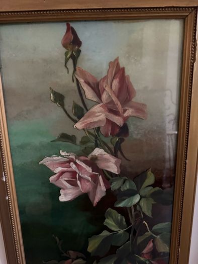 Antique Reverse and Surface Painted Glass Still Life of Roses