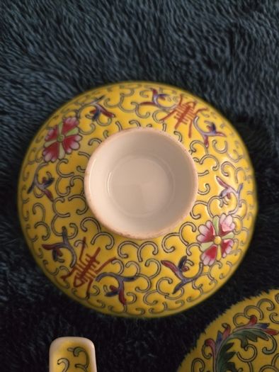 Vintage Chinese Jingdezhen Gaiwan Tea Bowl and Spoon Set Yellow Longevity Pattern