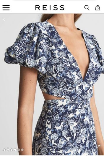 MIDI dress Puff sleeve blue flowerpeint Reiss size 14 Brand New