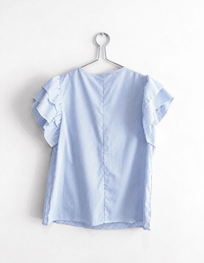 Pre Owned Blue & White Striped Embroidered V-Neck Top with Ruffle Sleeves