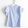 Pre Owned Blue & White Striped Embroidered V-Neck Top with Ruffle Sleeves Image 3