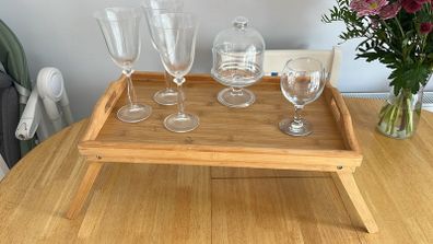 bed tray and glasses