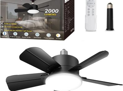 Socket Ceiling Fans with Lights and Remote, E27 Screw in Fan Light 2000LM, LED Ceiling Fan with 900PRM-6 Speeds, 3 Colour Dimmable, Quiet Light Bulb Fan for Bedroom, Kitchen, Garage,Bathroom