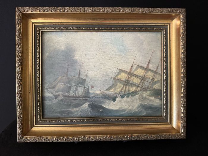 Framed Vintage Maritime Nautical Painting Print - Ships in Rough Seas (34 x 29 cm)