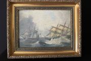 Framed Vintage Maritime Nautical Painting Print - Ships in Rough Seas (34 x 29 cm)