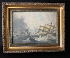 Framed Vintage Maritime Nautical Painting Print - Ships in Rough Seas (34 x 29 cm)